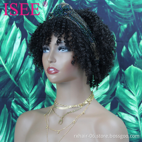 ISEE Hot Selling Short Afro Virgin Hair Half Puff Wrap Wig, Pineapple Human Hair Drawstring Wrap Scarf Headband Wig With Bangs